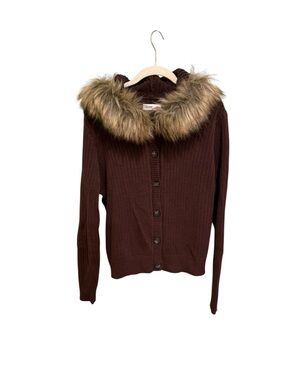 NWT Hollister Brown Ribbed Button-Up Cardigan with Faux Fur Trim - Size XL